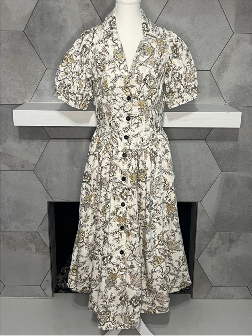 Floral Button-Front Midi Dress in Cream and Brown - Picture 2 of 14